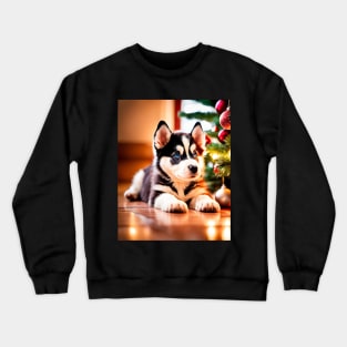 Husky Puppy Dog by Christmas Tree Crewneck Sweatshirt